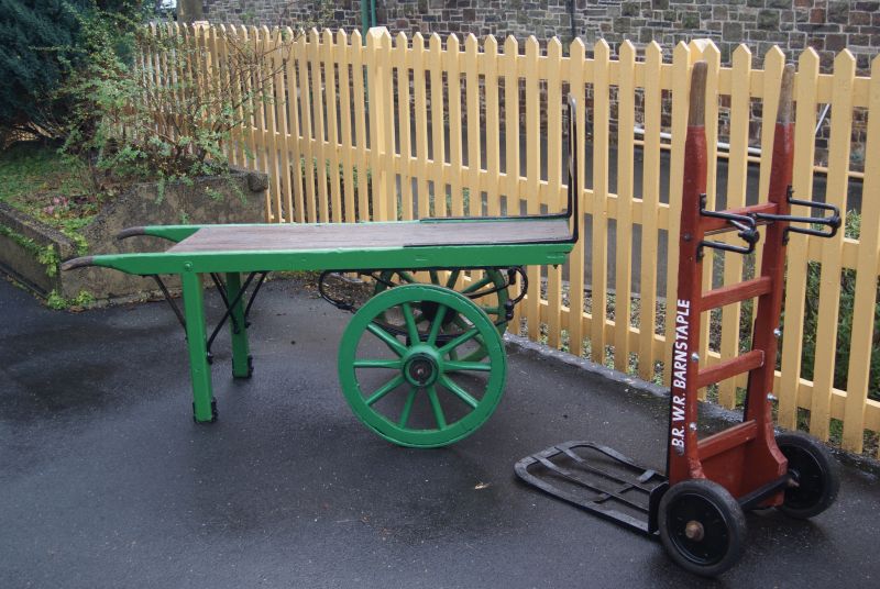 The repainted station barrow and rebuilt Barnstaple sacktruck.