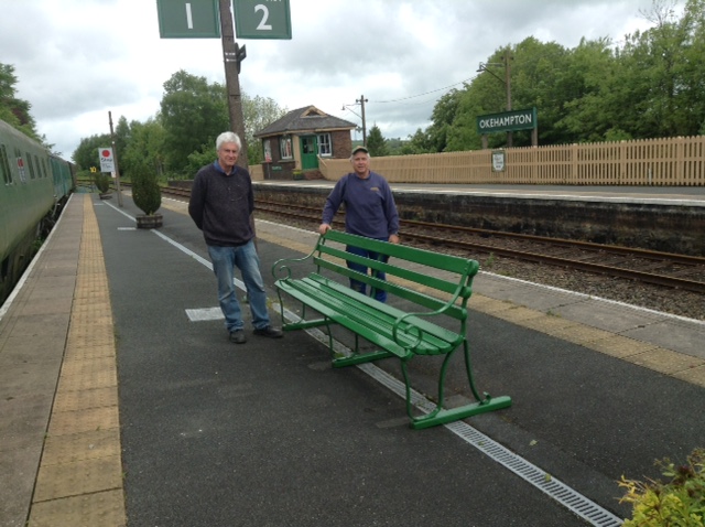 Jon Kelsey and Tom Baxter with one of the seats now resplendent again in Southern green. The seat is turned to face the Bude bay siding for photographic purposes! 