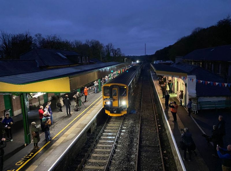 After nearly 50 years, daily regular passenger trains to Okehampton recommenced with the 0632 from Exeter on November 20th 2021, seen here arriving at Okehampton at 0710. brPhotographer networkrailwest