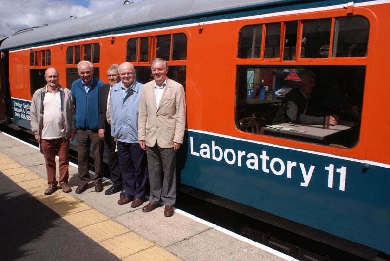 Gerald Smallacombe 2nd from right with former local railwaymen l to r Terry Midgley, Leonard Phare, Les Glidden, and Richard Westlake on the occasion or the reopening of the Arthur Westlake Museum on Okehampton Station.brPhotographer Jon KelseybrDate taken 15082015